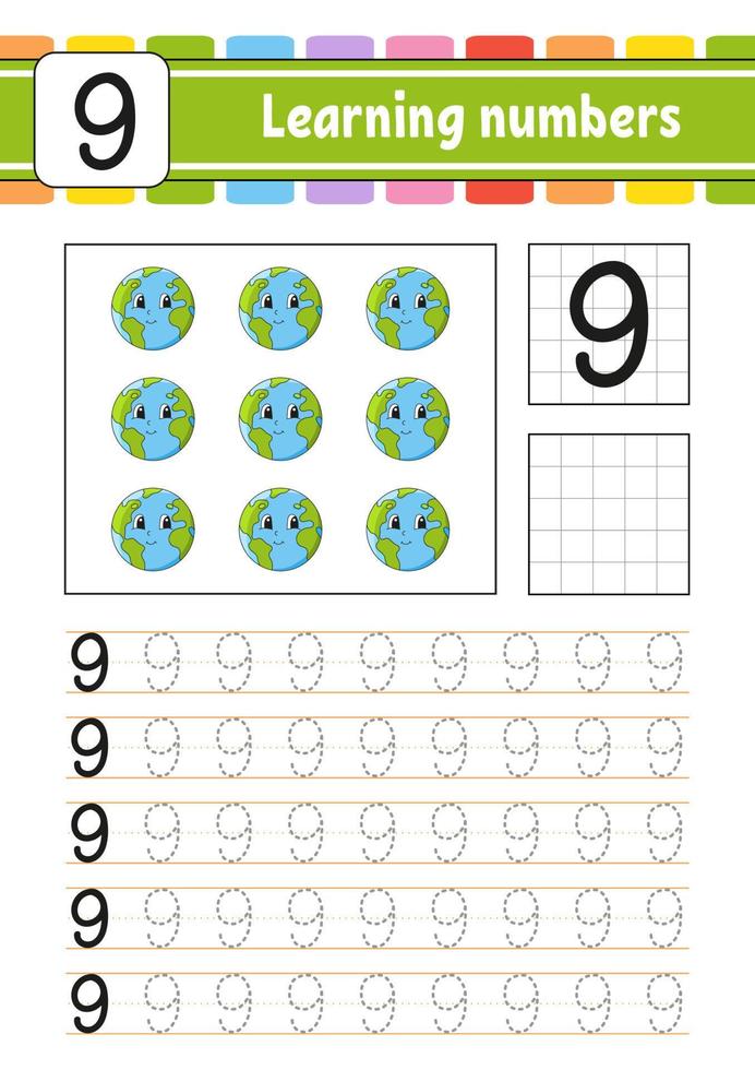 spoor en schrijven nummers. handschrift oefening. aan het leren getallen voor kinderen. onderwijs ontwikkelen werkblad. werkzaamheid bladzijde. vector illustratie.