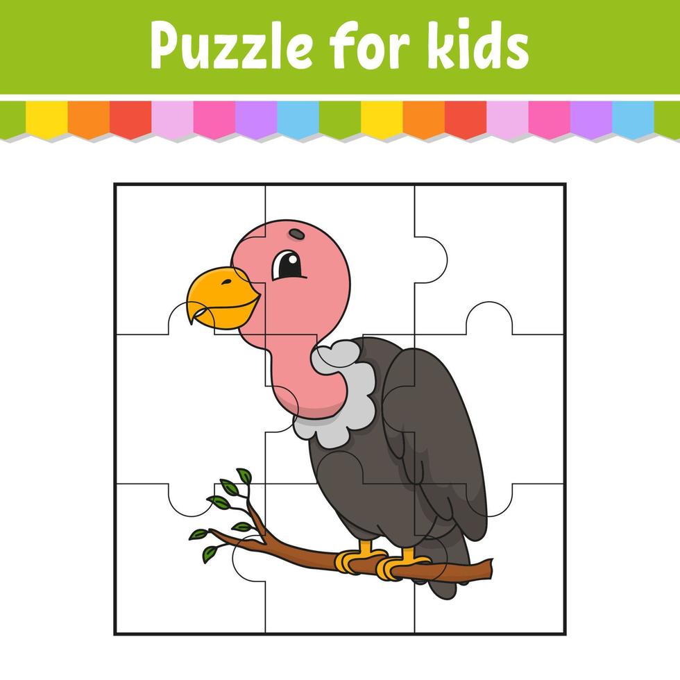 puzzel spel voor kinderen. decoupeerzaag stukken. kleur werkblad. werkzaamheid bladzijde. tekenfilm stijl. vector illustratie.