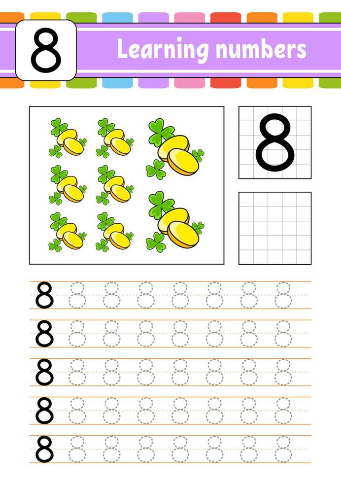 spoor en schrijven nummers. handschrift oefening. aan het leren getallen voor kinderen. onderwijs ontwikkelen werkblad. werkzaamheid bladzijde. vector illustratie.