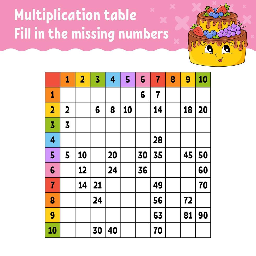 Plakken de missend nummers. aan het leren vermenigvuldiging tafel. handschrift oefening. onderwijs ontwikkelen werkblad. kleur werkzaamheid bladzijde. spel voor kinderen. vector illustratie.