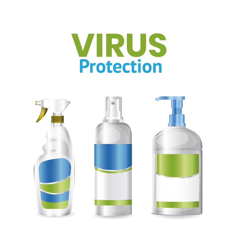covid 19-virusbescherming met vectorontwerp van zeep, fles en ontsmettingsmiddel vector