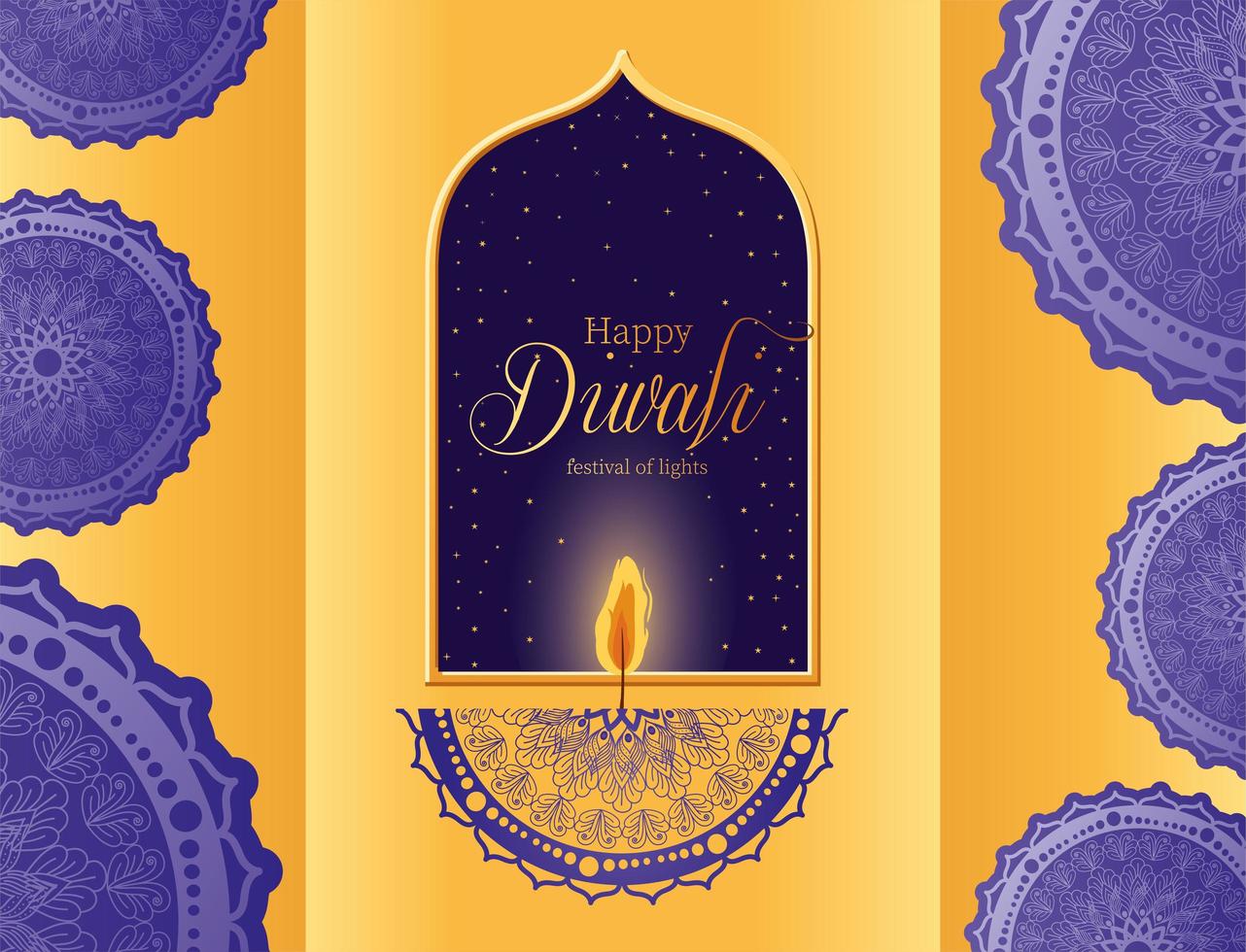 gelukkige diwali-mandalakaars met frame en blauw mandala's vectorontwerp vector