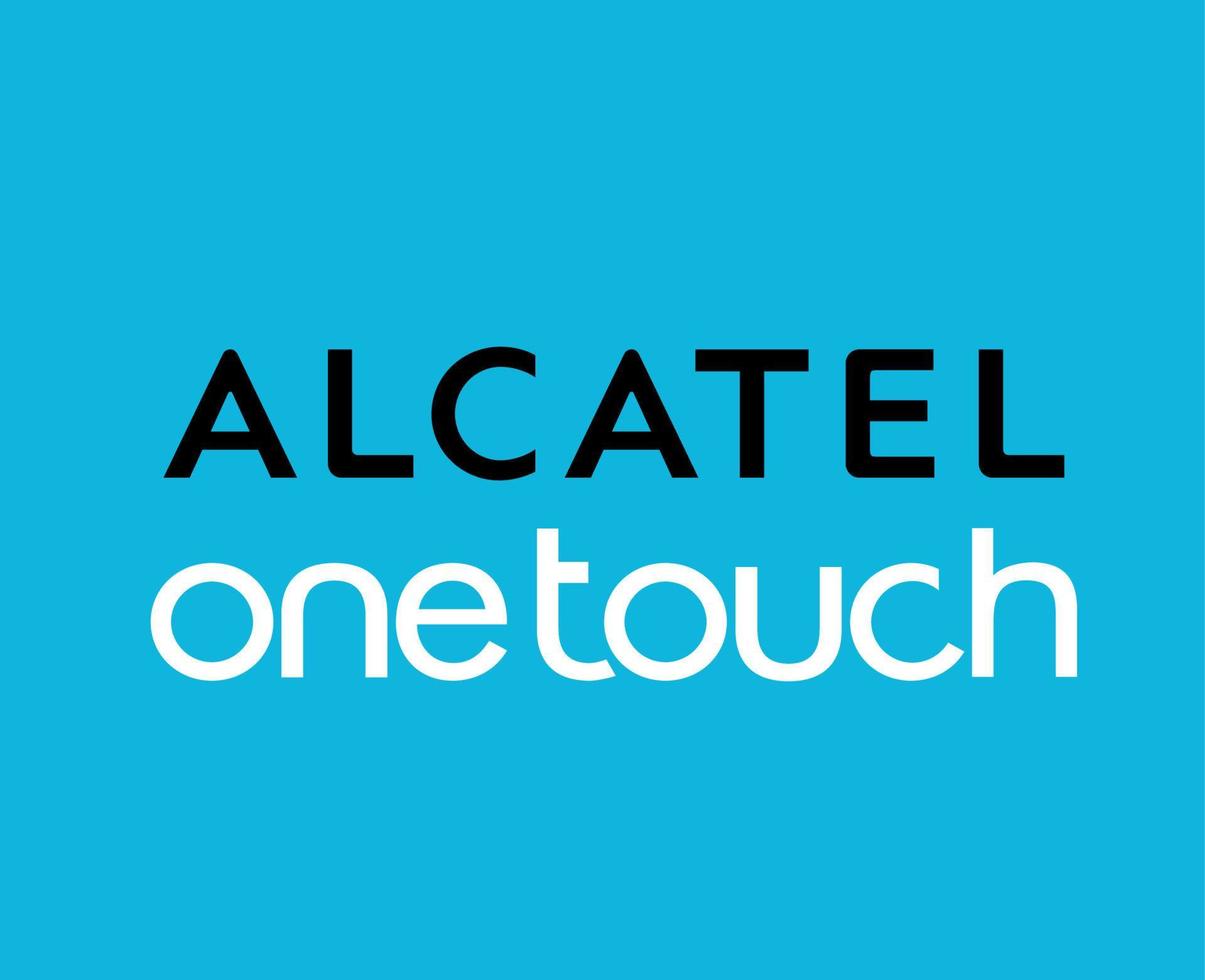 alcatel een tintje logo merk telefoon symbool naam zwart en wit ontwerp mobiel vector illustratie met blauw achtergrond