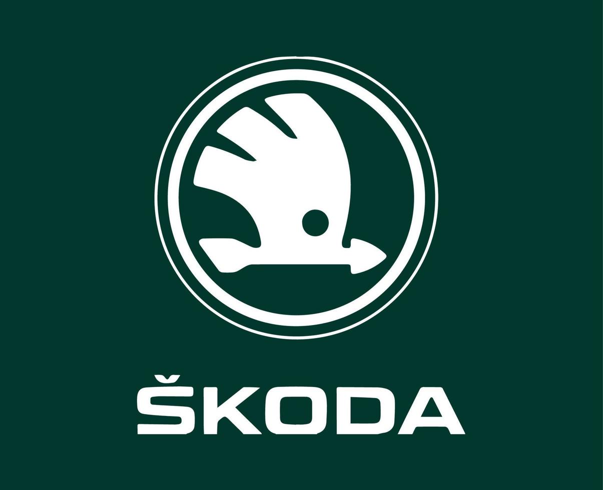 skoda logo merk auto symbool met naam wit ontwerp Tsjechisch auto- vector illustratie met groen achtergrond