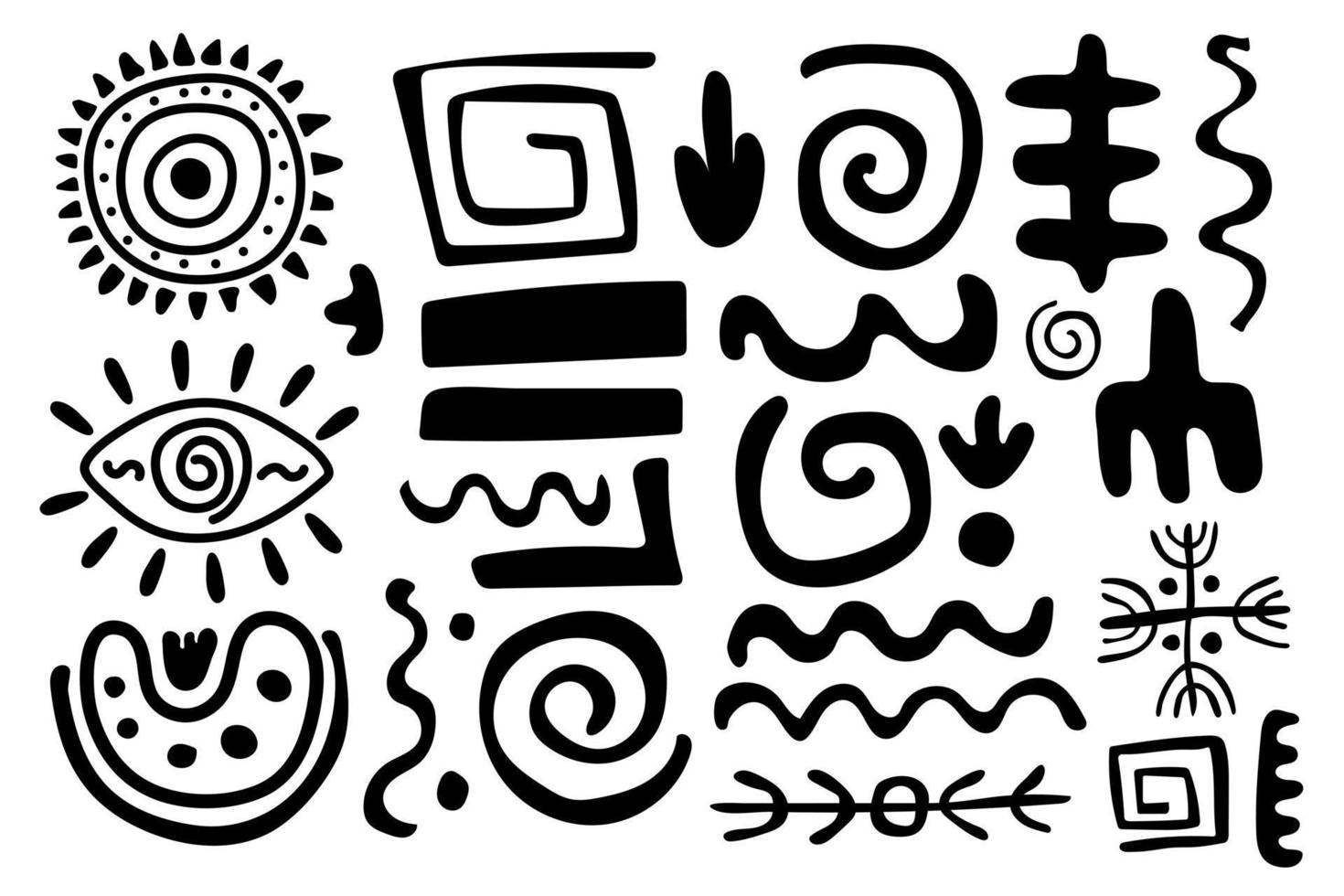 reeks primitief etnisch ornamenten, rotstekeningen. pijlen, lijnen, spiralen, cirkels. patronen, tekeningen van oude stam, steen leeftijd. ontwerp element voor textiel, papier, stoffen, ansichtkaart. vector illustratie