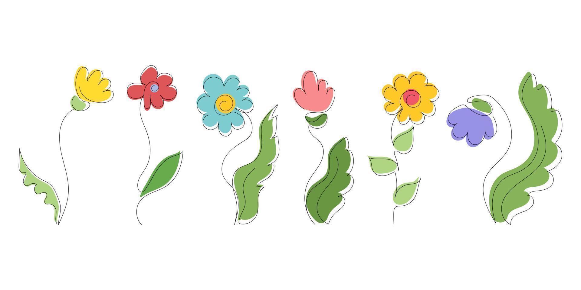 reeks van schattig bloemen in stijl van lijn kunst, hand getekend schets met gekleurde vlekken, geïsoleerd Aan wit achtergrond. geschikt voor groet kaarten, uitnodigingen, textiel, vakantie afdrukken. vector illustratie