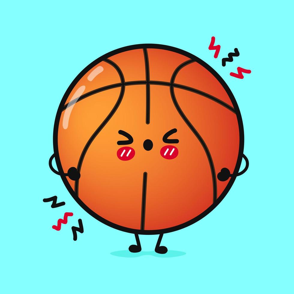 schattig boos basketbal karakter. vector hand- getrokken tekenfilm kawaii karakter illustratie icoon. geïsoleerd Aan blauw achtergrond. verdrietig basketbal bal karakter concept