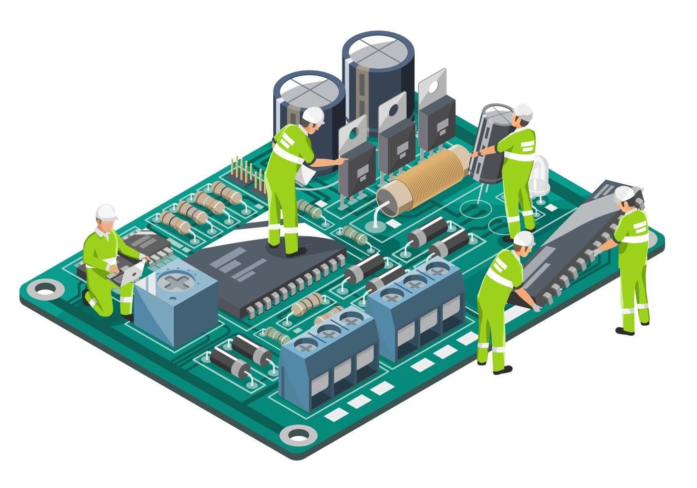 elektronisch fabricage ontwerp componenten stroomkring bord bouwkunde coördineren symbolen concept isometrische illustratie isometrische geïsoleerd vector