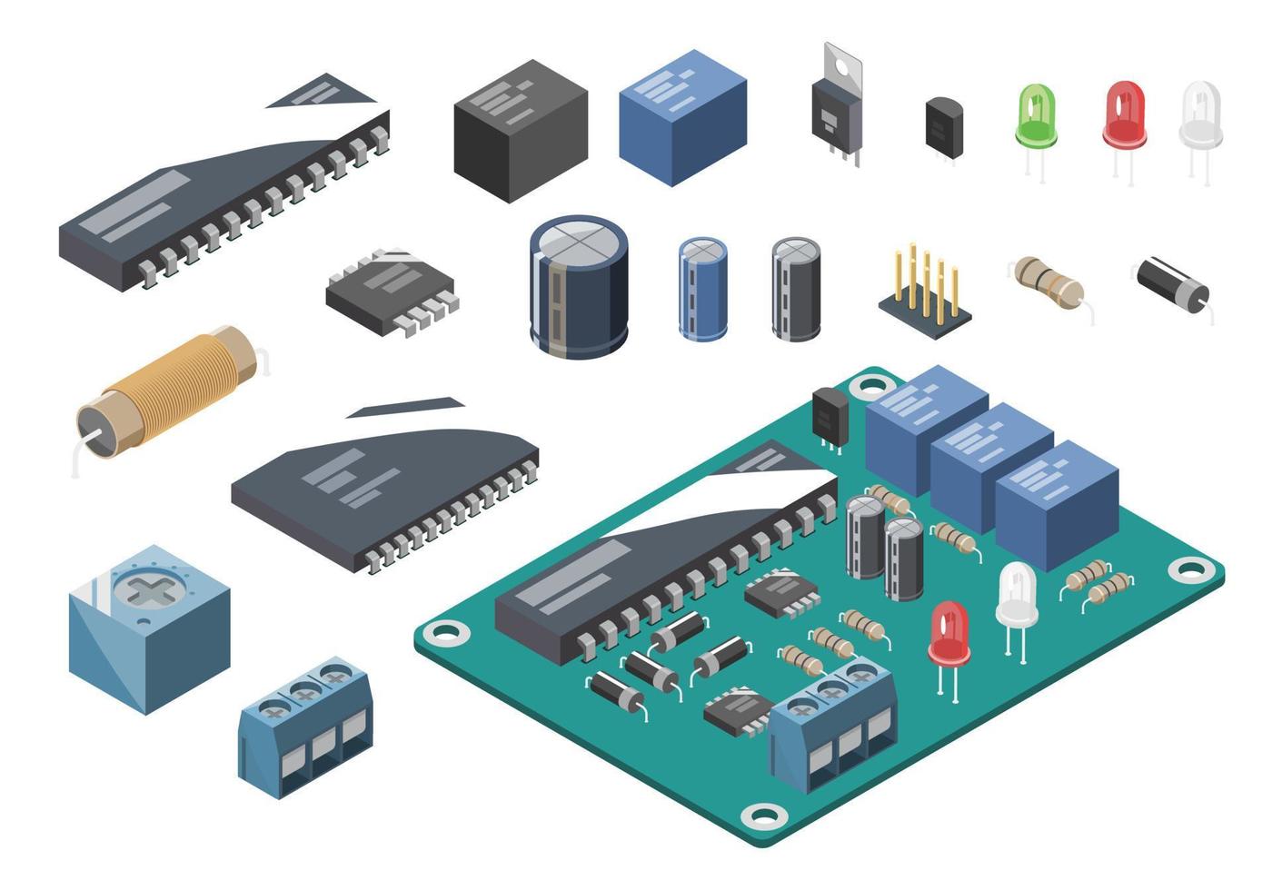 eenvoudig elektronisch en halfgeleider componenten stroomkring ontwerp isometrische symbolen reeks concept illustratie isometrische geïsoleerd vector