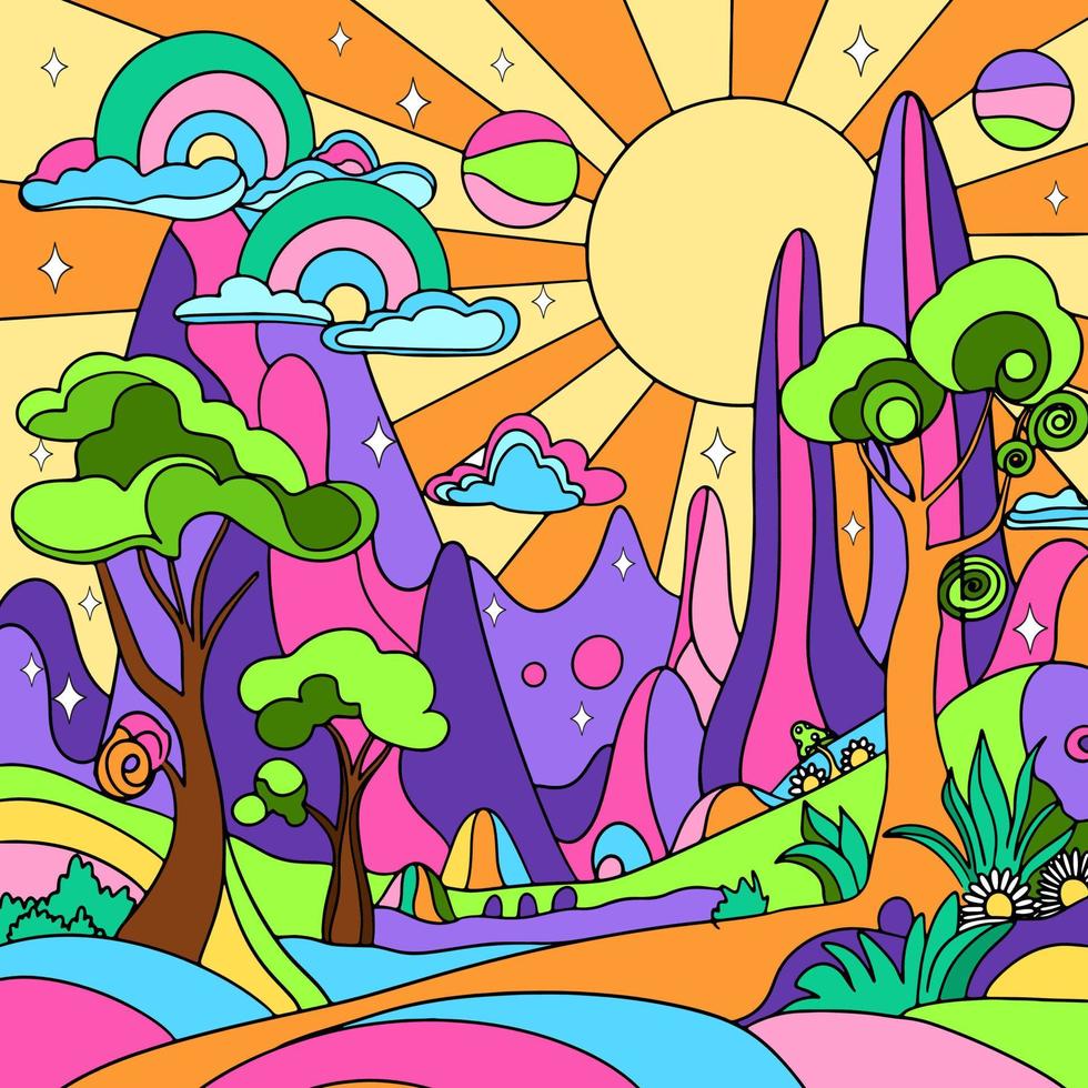 retro groovy psychedelisch landschap vector