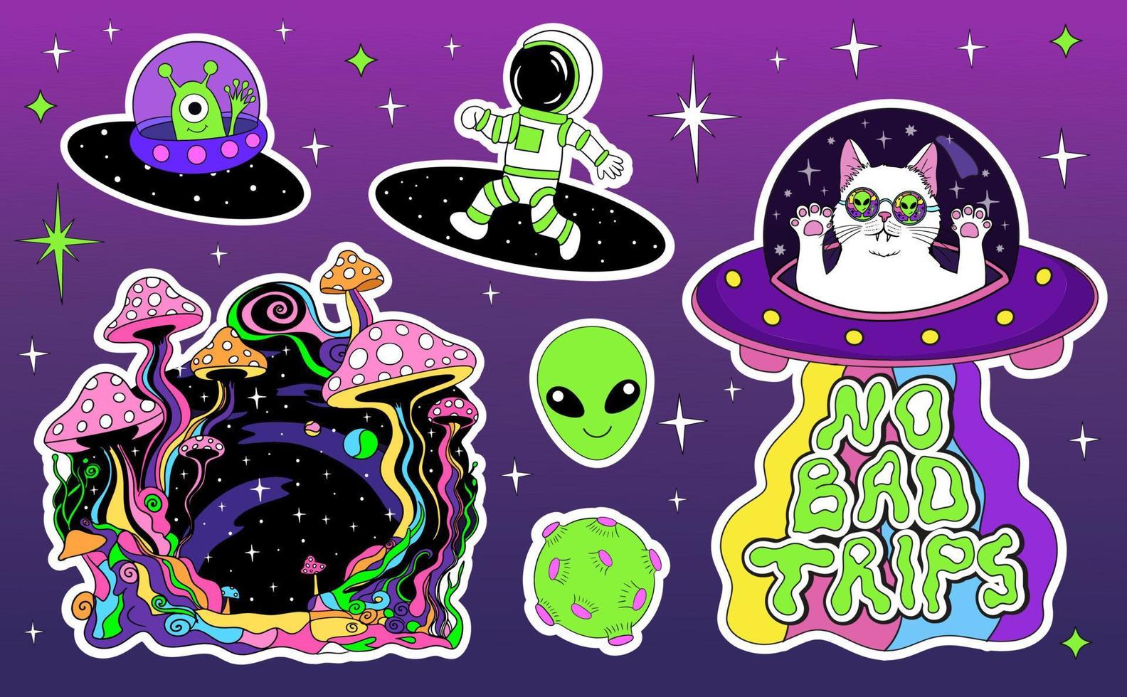 astronauten en buitenaards wezen in ruimte, psychedelisch champignons. ruimte groovy stickers vector