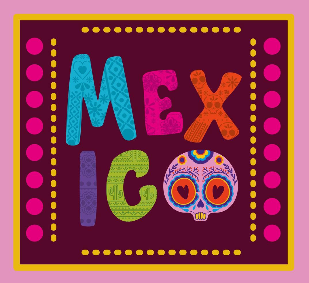 Mexico belettering met schedel met kleurrijk frame vector