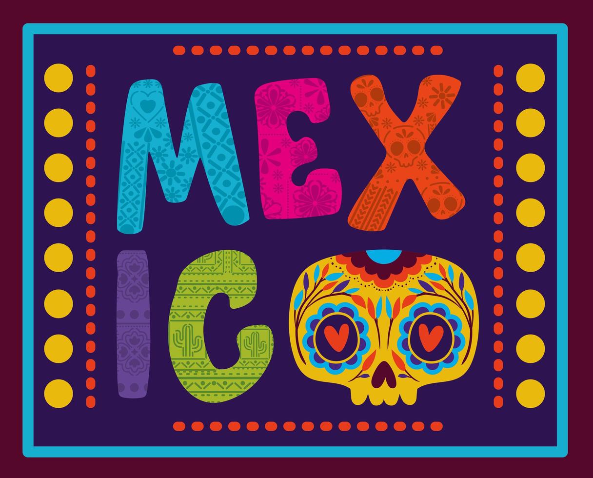 Mexico belettering met schedel met kleurrijk frame vector