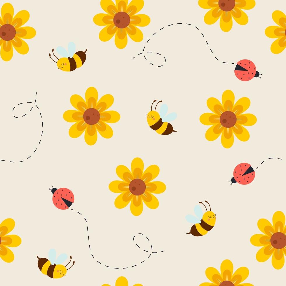 naadloze patroon met schattige bijen, lieveheersbeestje en bloemen vector