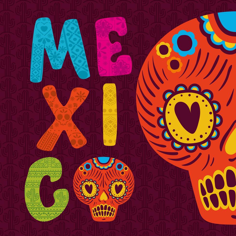 Mexico belettering met suiker schedel vector ontwerp