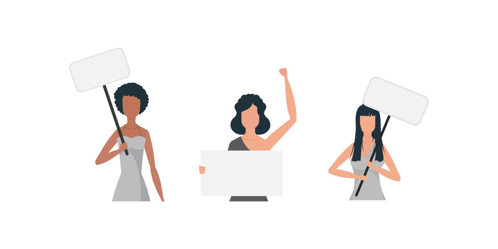 een vrouw protesten met een spandoek. protest concept. reeks voor banners en ontwerpen. vector illustratie.