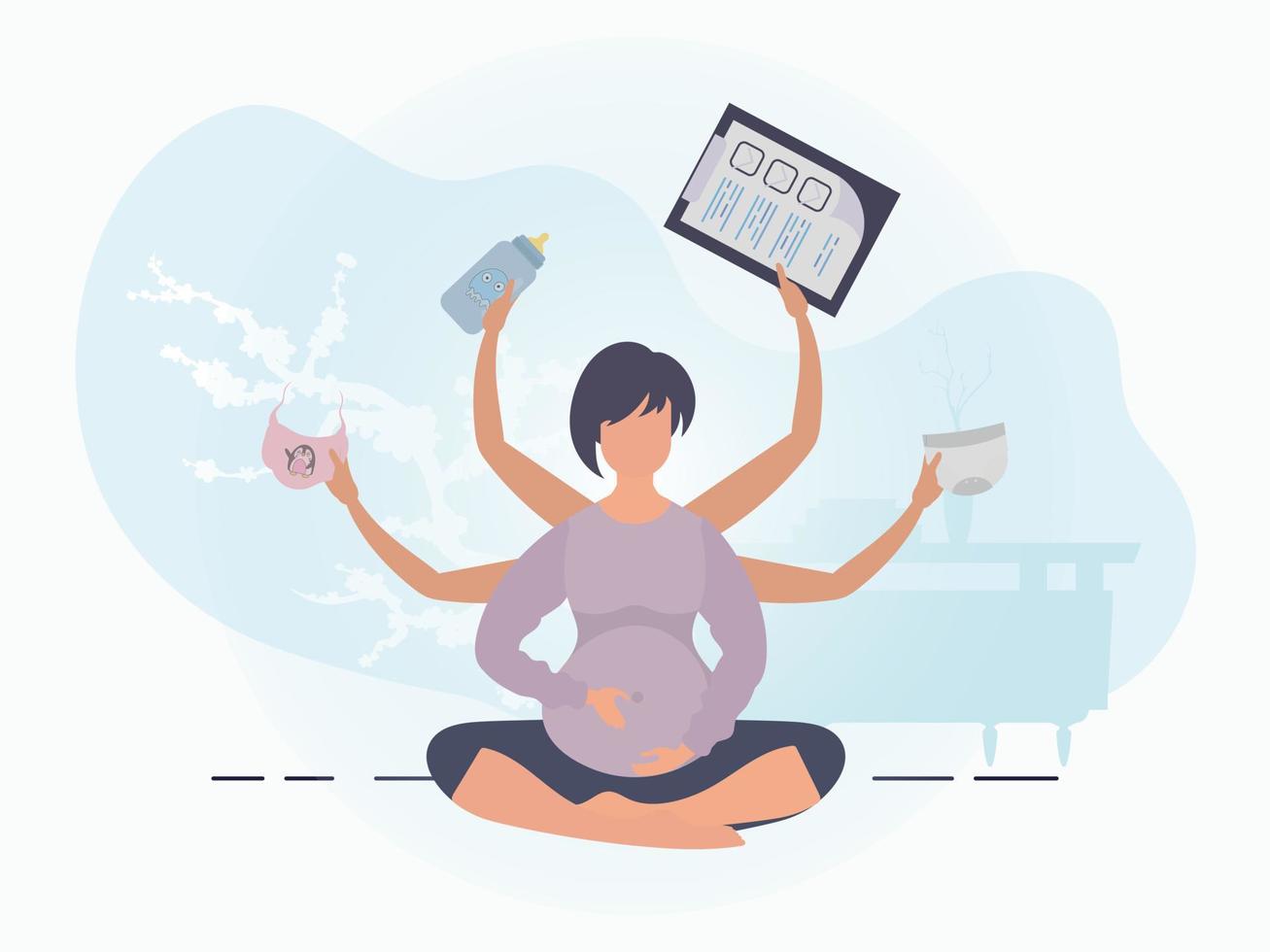 yoga voor zwanger Dames. gelukkig zwangerschap. ansichtkaart of poster in teder kleuren voor uw ontwerp. vector illustratie in tekenfilm stijl.