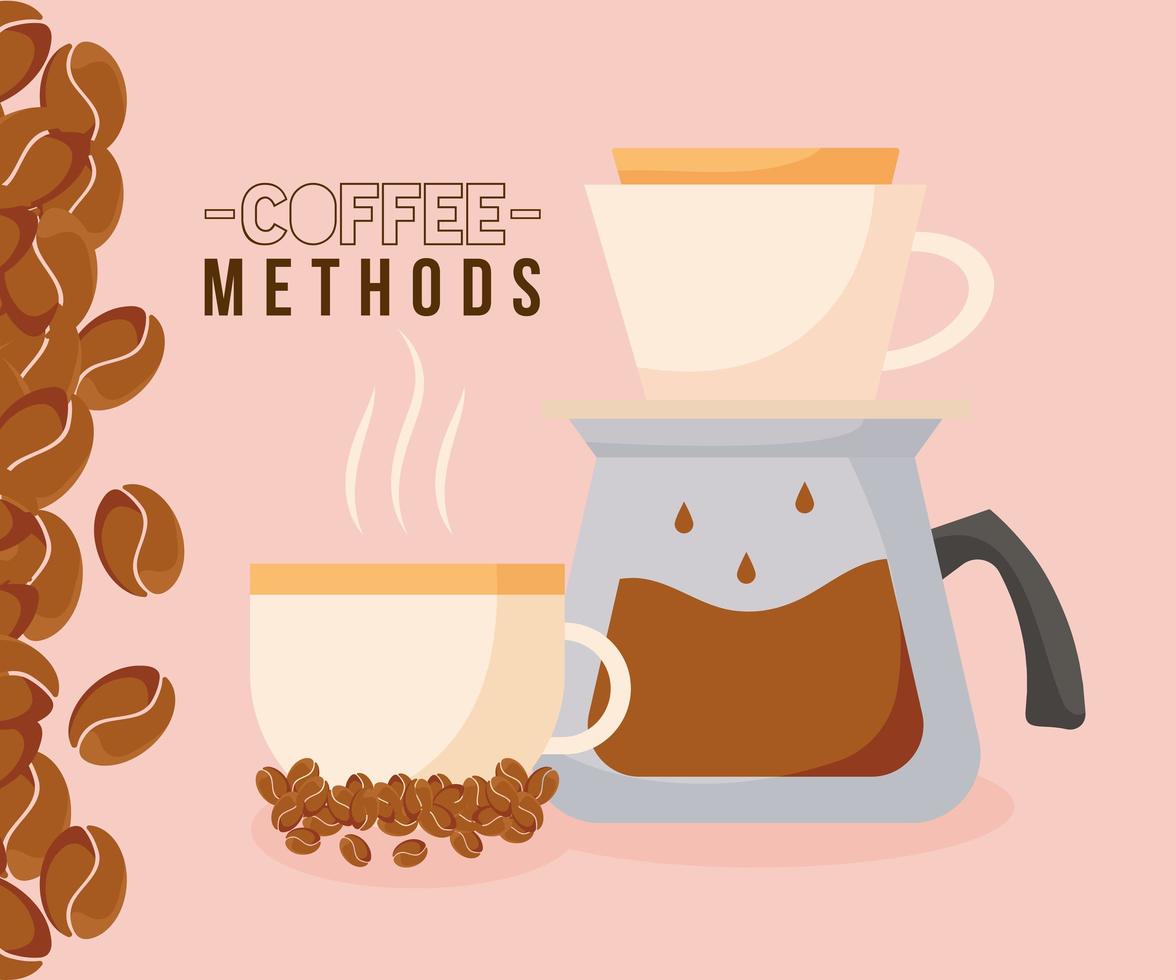koffiemethoden met pot, kop en bonen vector ontwerp