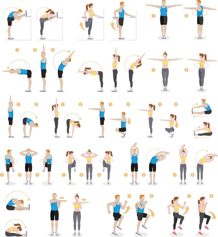 man en vrouw training fitness, aerobics en oefeningen. vector illustraties.