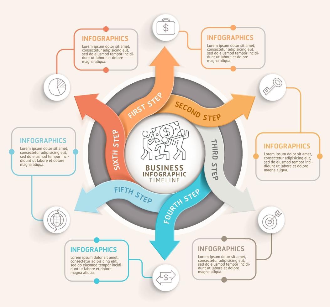 6 stap pijl cirkel infographics sjabloon. vector illustratie. kan worden gebruikt voor werkstroomlay-out, diagram, nummeropties, webdesign en tijdlijn.