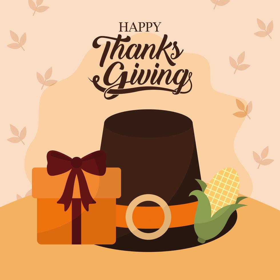 happy thanksgiving day met hoed cadeau maïs en bladeren vector ontwerp