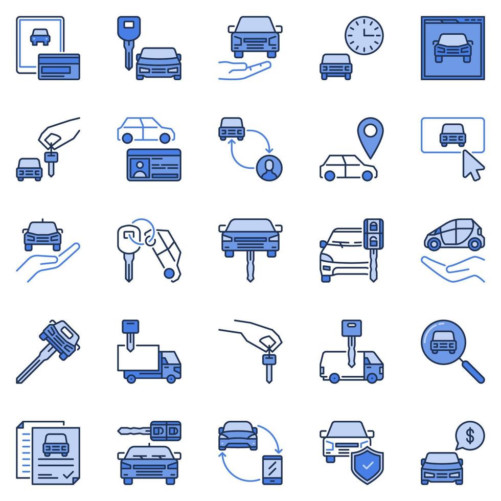 auto verhuur concept gekleurde pictogrammen set. auto huren agentschap blauw vector symbolen