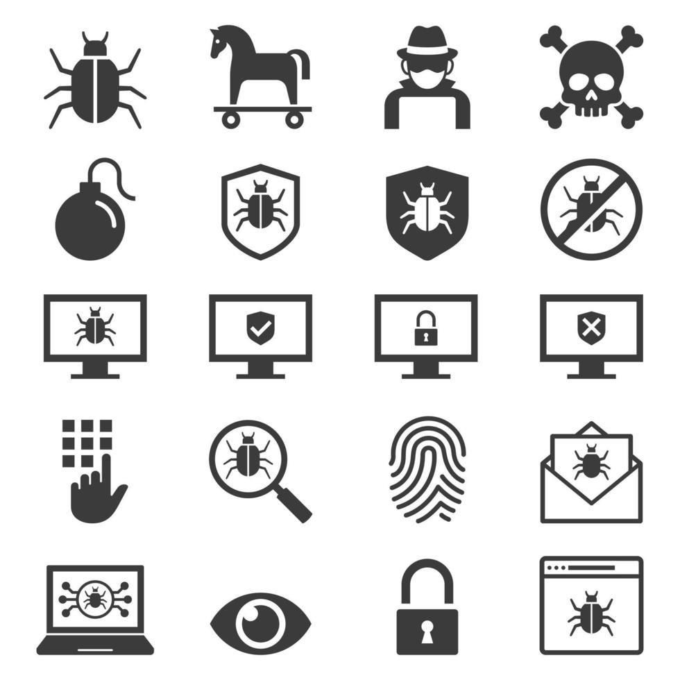 antivirus bescherming computerbeveiliging pictogrammen instellen. vector illustraties.