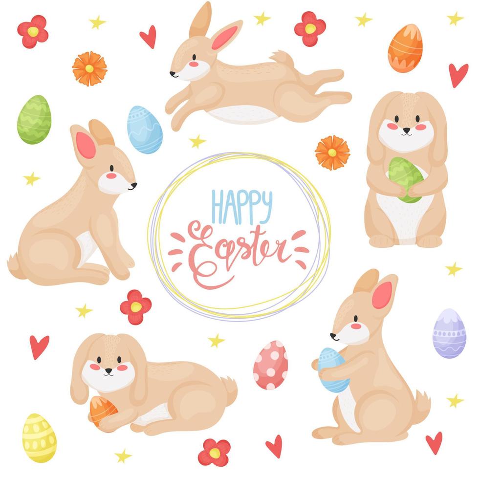 banier gelukkig Pasen. modern vector vakantie ontwerp met typografie. Pasen konijn. geschilderd eieren. modern minimalistische stijl.
