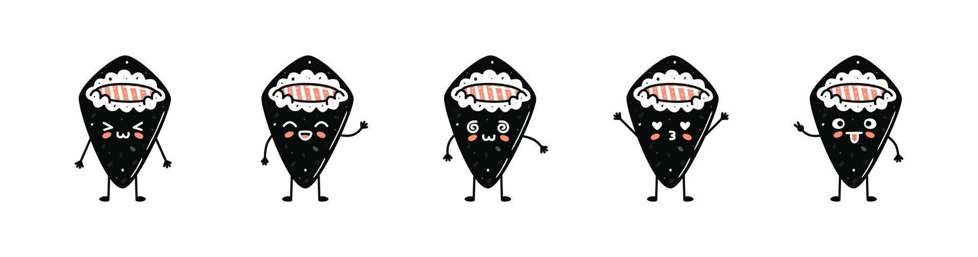 reeks van kawaii temaki sushi mascottes in tekenfilm stijl vector