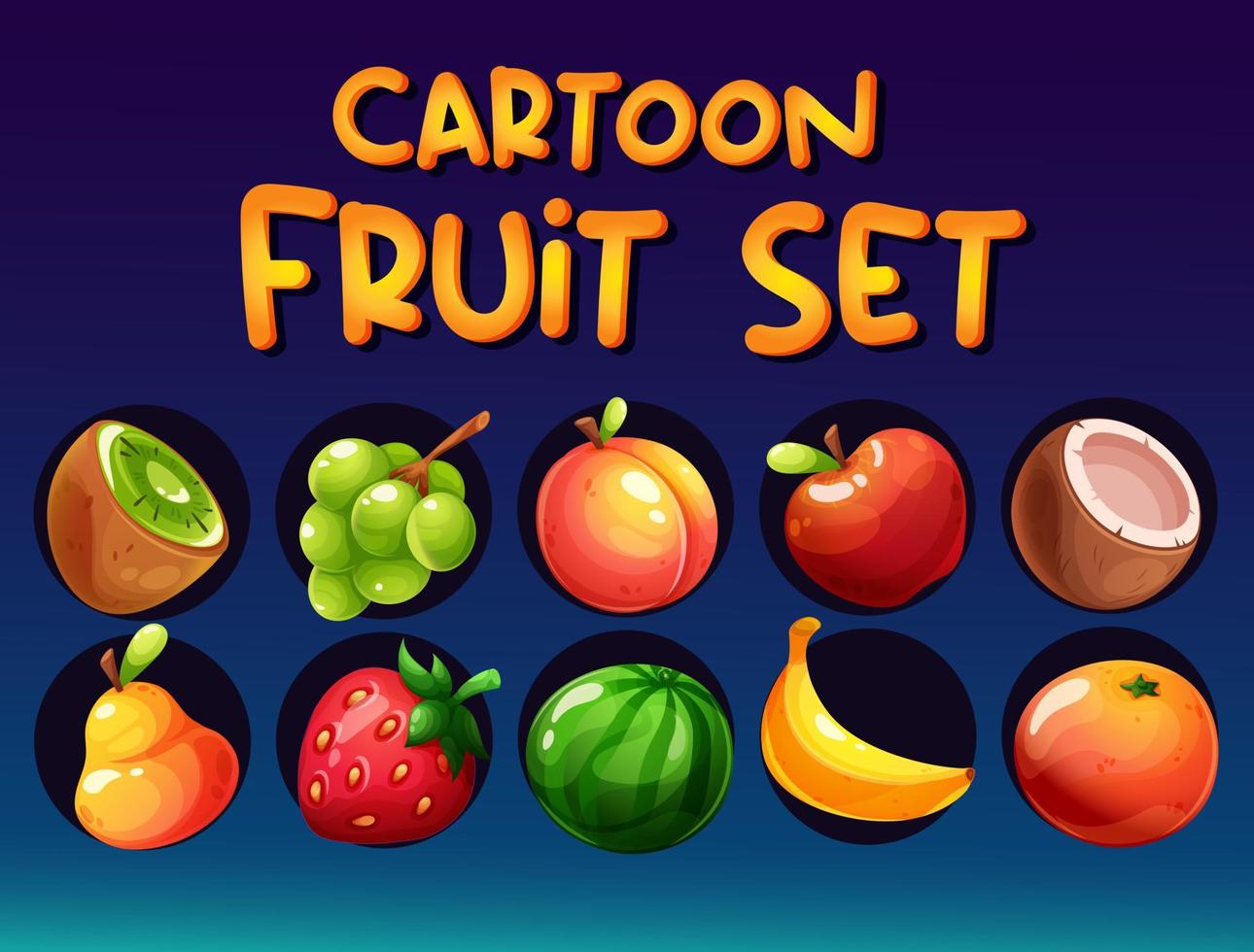 tekenfilm fruit set. kokosnoot, banaan, aardbei, druif, appel, Peer, perzik, kiwi, watermeloen, oranje vector