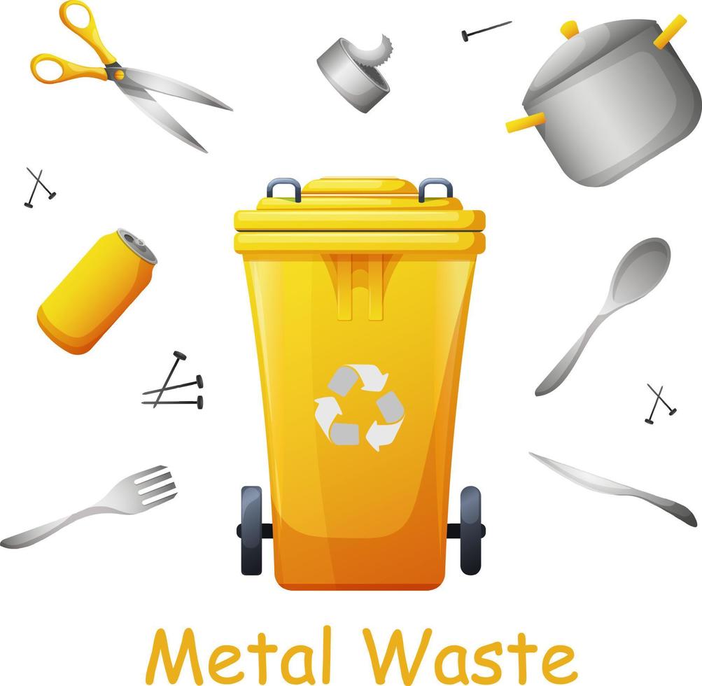 recyclebaar afval, metaal afval, metaal gebruiksvoorwerpen, voorraad met afvalcontainer. milieu bescherming, duurzame ontwikkeling, groen leven, ecolife vector