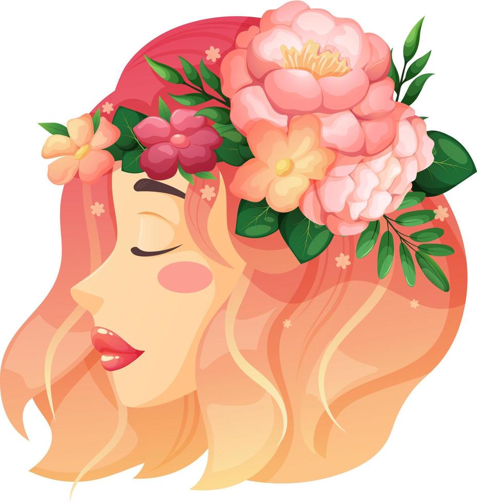 mooi vrouw met bloem krans Aan hoofd, vrouw met roze pioenrozen, bloem meisje vector