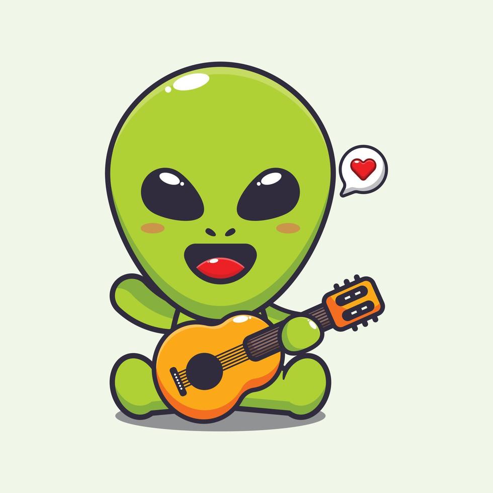 schattig buitenaards wezen spelen gitaar tekenfilm vector illustratie.