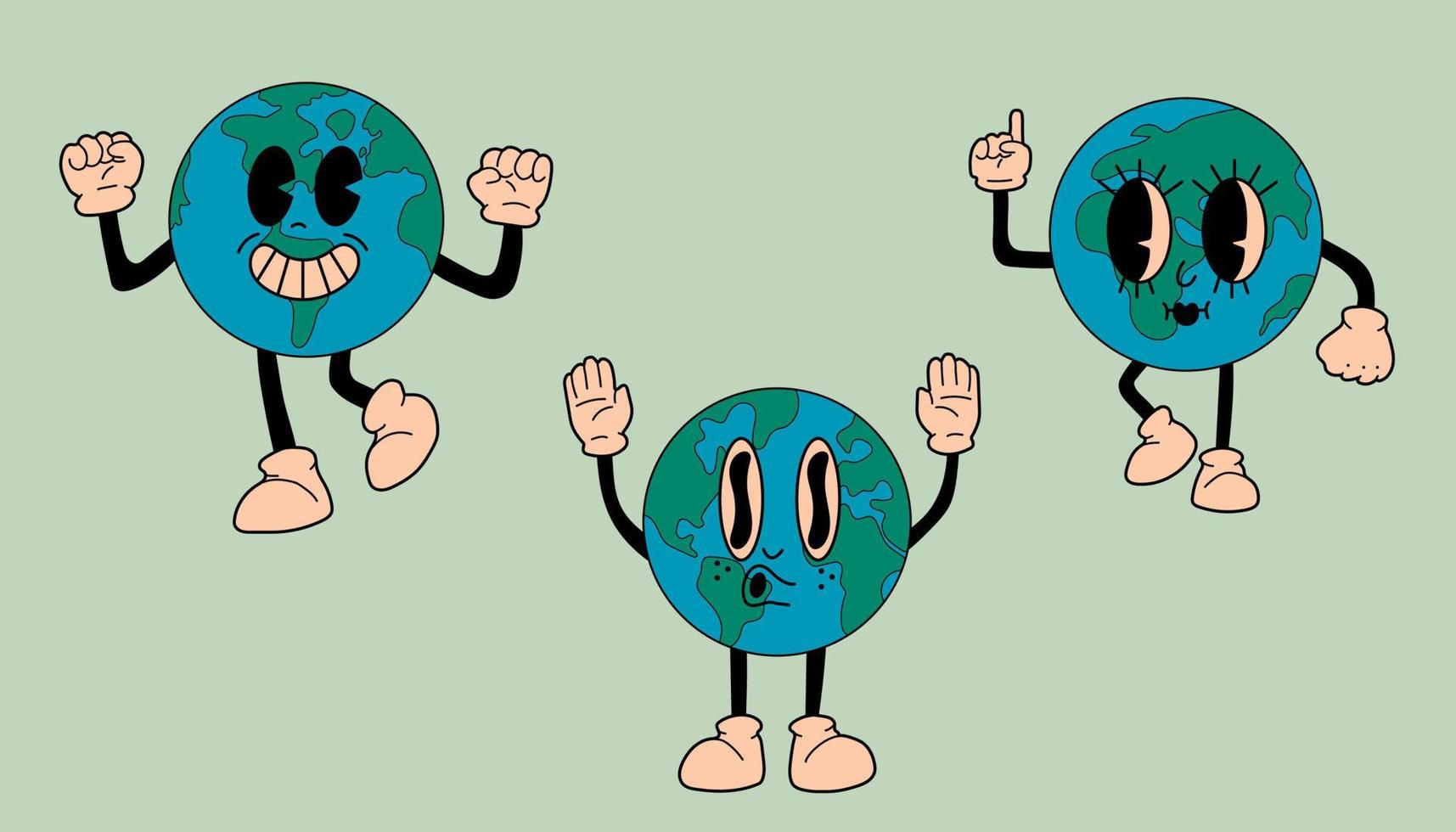 reeks van drie retro aarde mascotte. schattig karakter in modieus retro Jaren 60 jaren 70 tekenfilm stijl. vector hand- getrokken illustratie