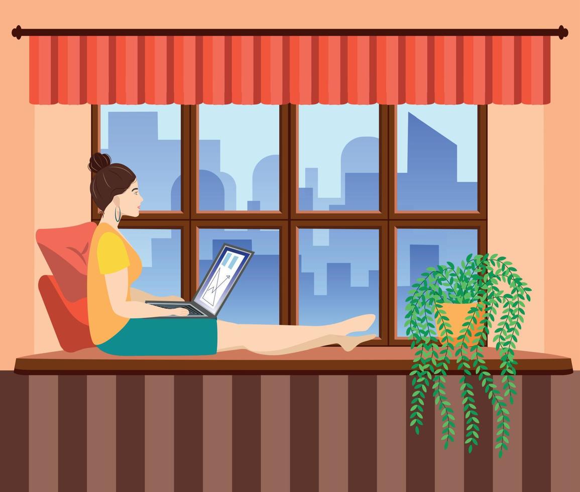 een vrouw werken Bij een laptop terwijl zittend Aan de vensterbank Bij huis. freelance concept, quarantaine ten gevolge naar covid19. vector
