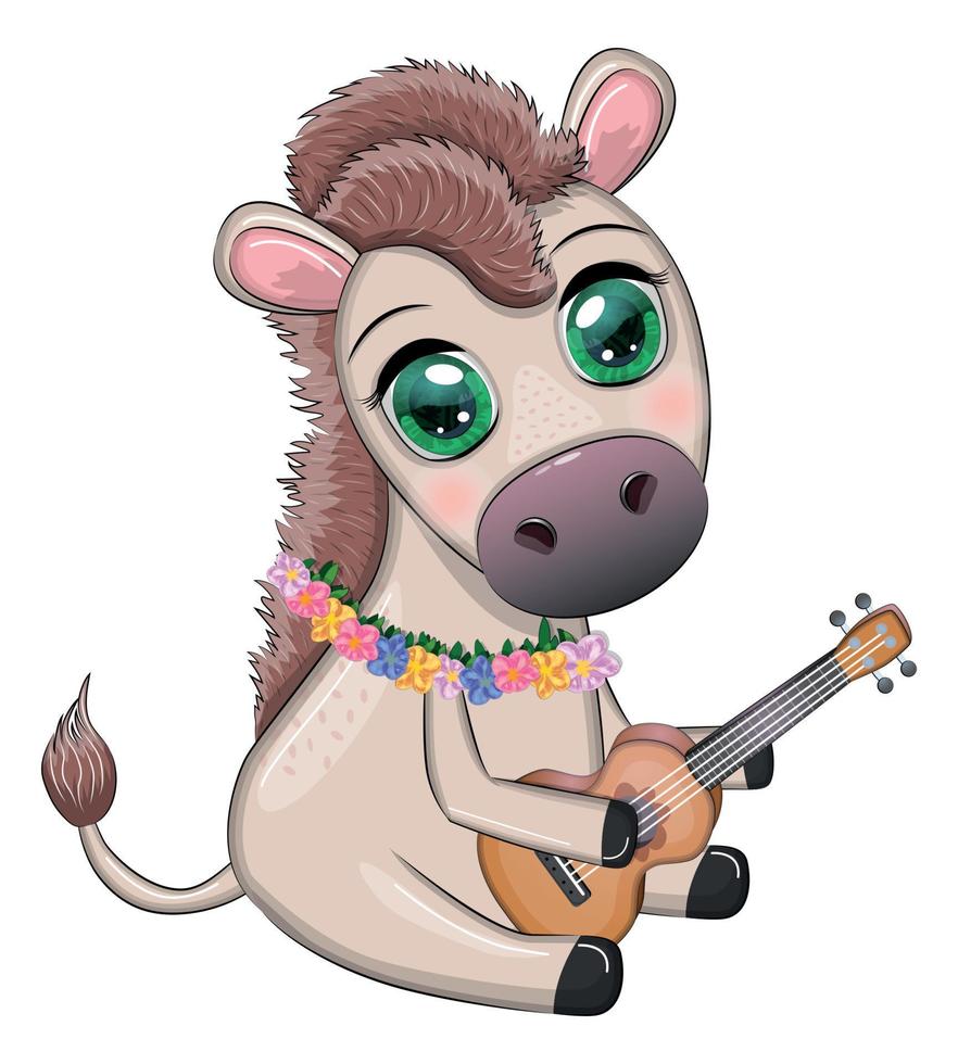 een schattig ezel in een bloem krans met een gitaar, een hula danser van Hawaii. zomer kaart voor de festival, reizen banier vector