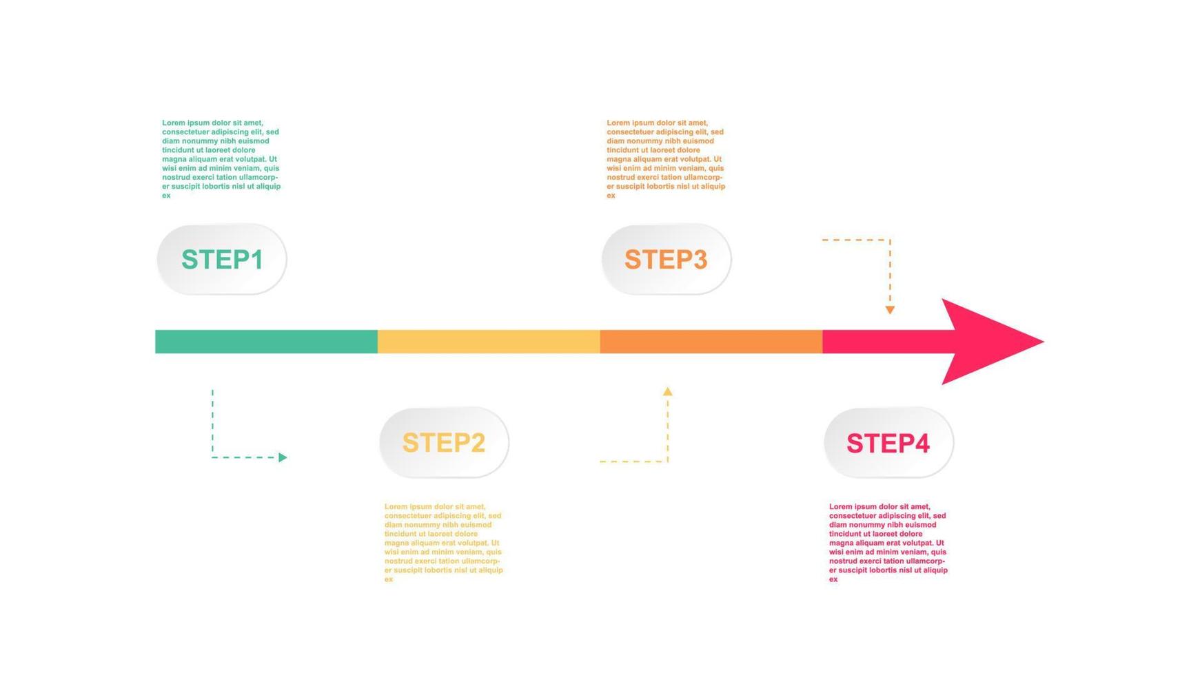 infographic sjabloon met vier stappen bedrijf werkwijze tijdlijn informatie. afgeronde rechthoek stappen met kleur pijl lijn. grafisch ontwerp element voor zakelijke presentatie Aan wit achtergrond vector