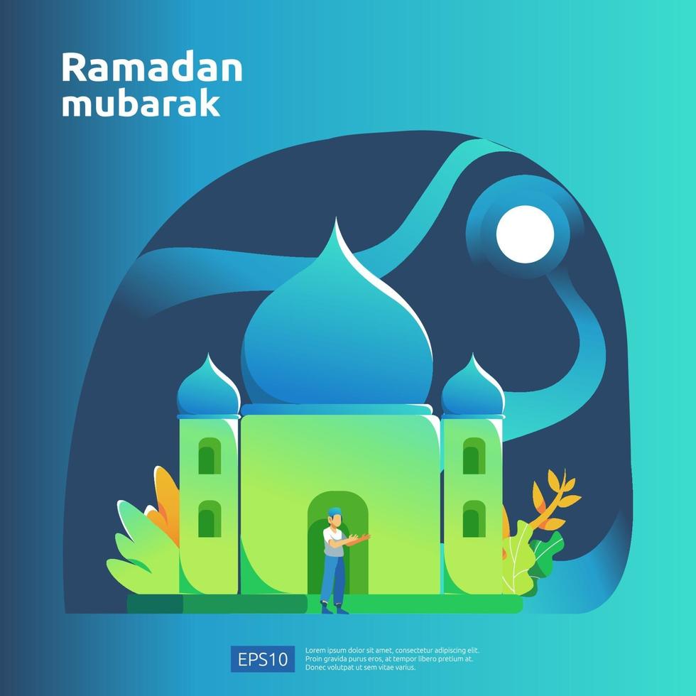 gelukkige ramadan mubarak en islamitische eid fitr of adha platte ontwerp groet concept met mensen karakter voor web bestemmingspagina sjabloon, banner, presentatie, sociale en gedrukte media vector