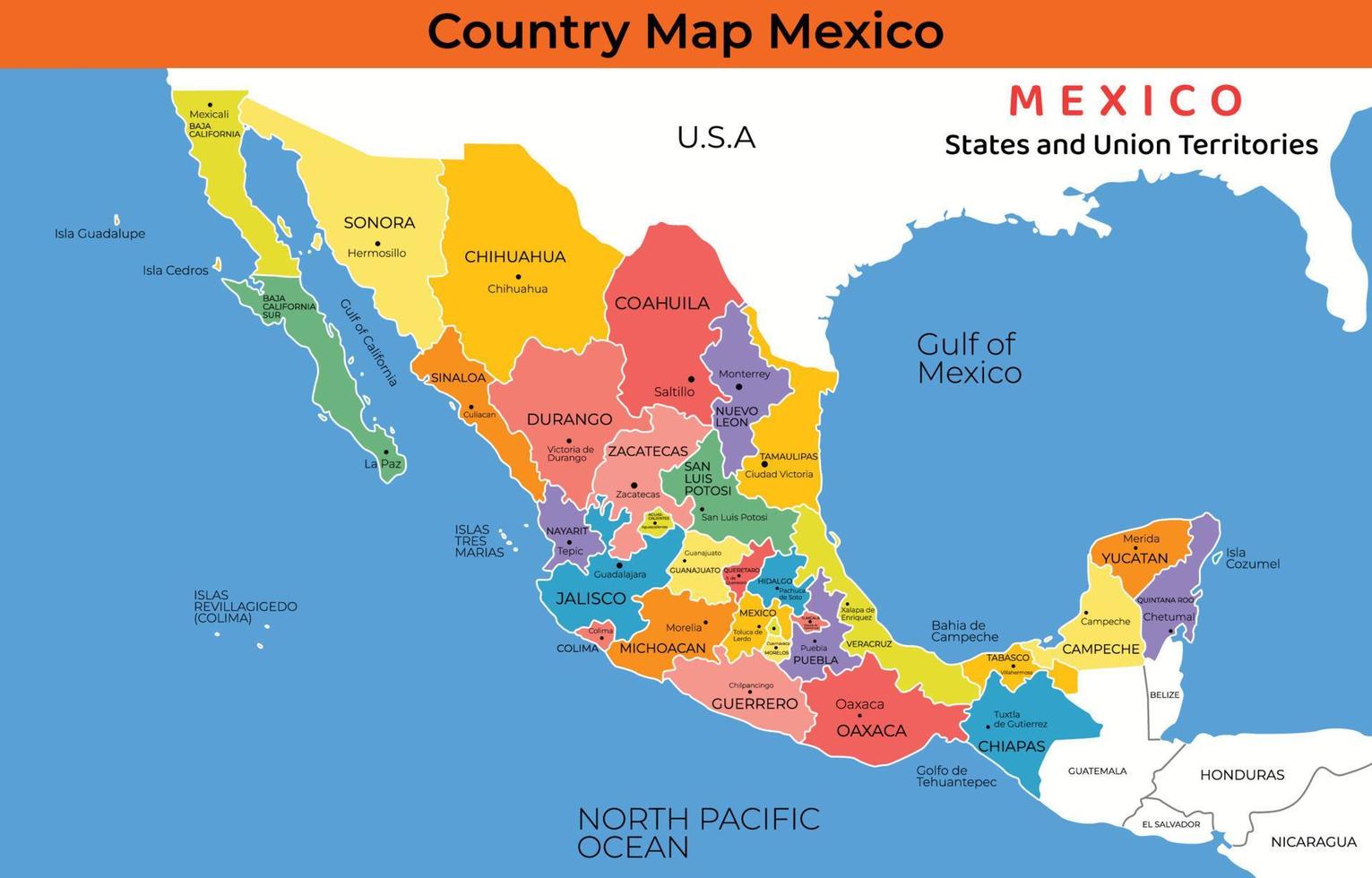 kaart van Mexico met rondom borders vector