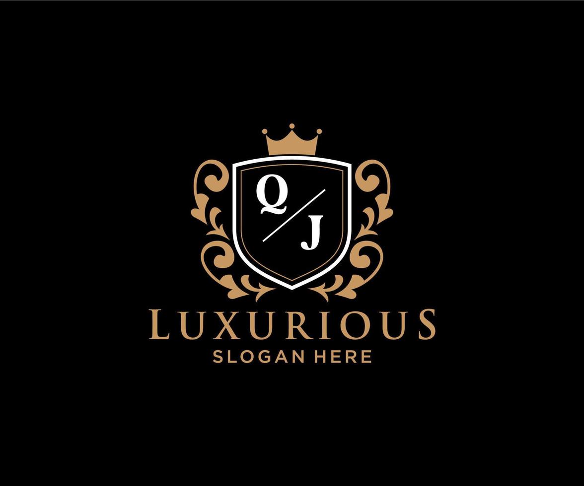 eerste qj brief Koninklijk luxe logo sjabloon in vector kunst voor restaurant, royalty, boetiek, cafe, hotel, heraldisch, sieraden, mode en andere vector illustratie.