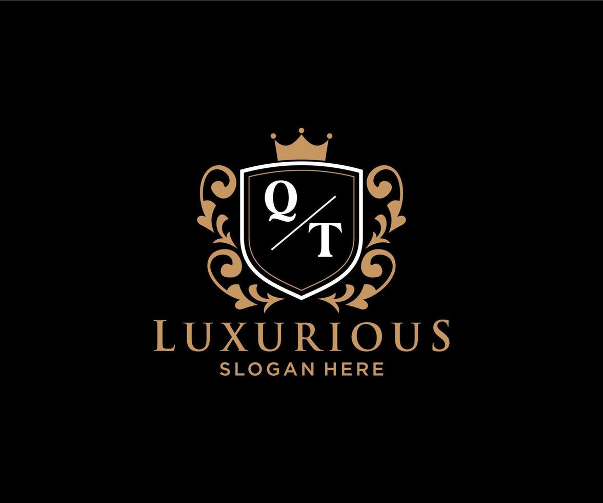 eerste qt brief Koninklijk luxe logo sjabloon in vector kunst voor restaurant, royalty, boetiek, cafe, hotel, heraldisch, sieraden, mode en andere vector illustratie.
