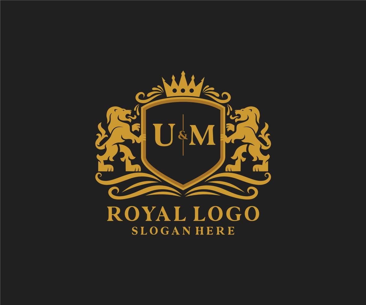 eerste um brief leeuw Koninklijk luxe logo sjabloon in vector kunst voor restaurant, royalty, boetiek, cafe, hotel, heraldisch, sieraden, mode en andere vector illustratie.