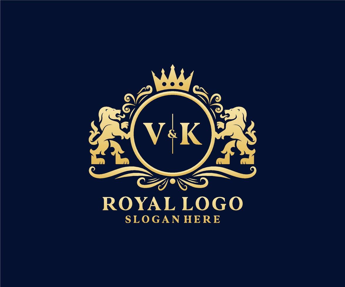 eerste vk brief leeuw Koninklijk luxe logo sjabloon in vector kunst voor restaurant, royalty, boetiek, cafe, hotel, heraldisch, sieraden, mode en andere vector illustratie.