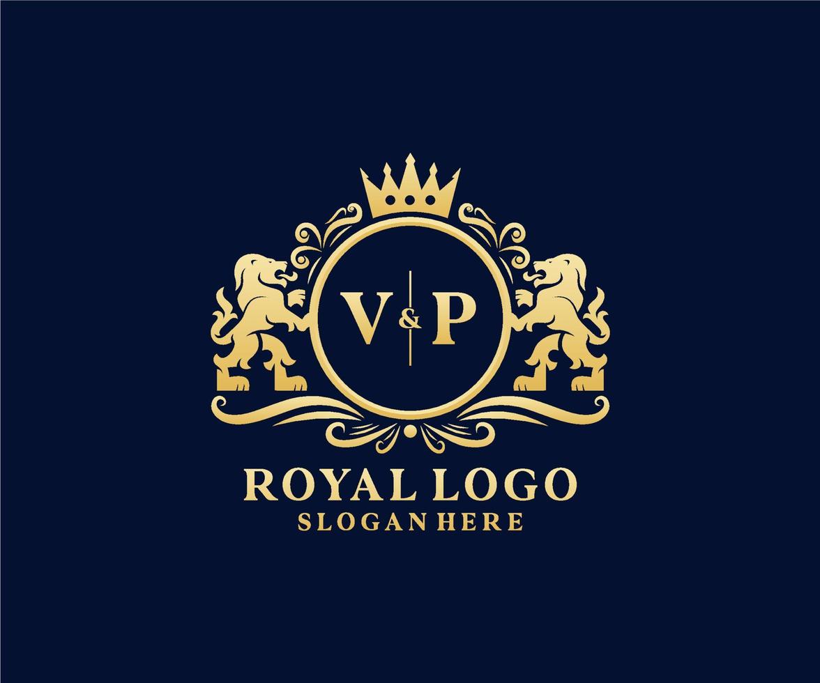 eerste vp brief leeuw Koninklijk luxe logo sjabloon in vector kunst voor restaurant, royalty, boetiek, cafe, hotel, heraldisch, sieraden, mode en andere vector illustratie.