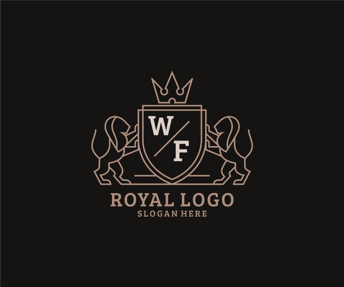 eerste wf brief leeuw Koninklijk luxe logo sjabloon in vector kunst voor restaurant, royalty, boetiek, cafe, hotel, heraldisch, sieraden, mode en andere vector illustratie.