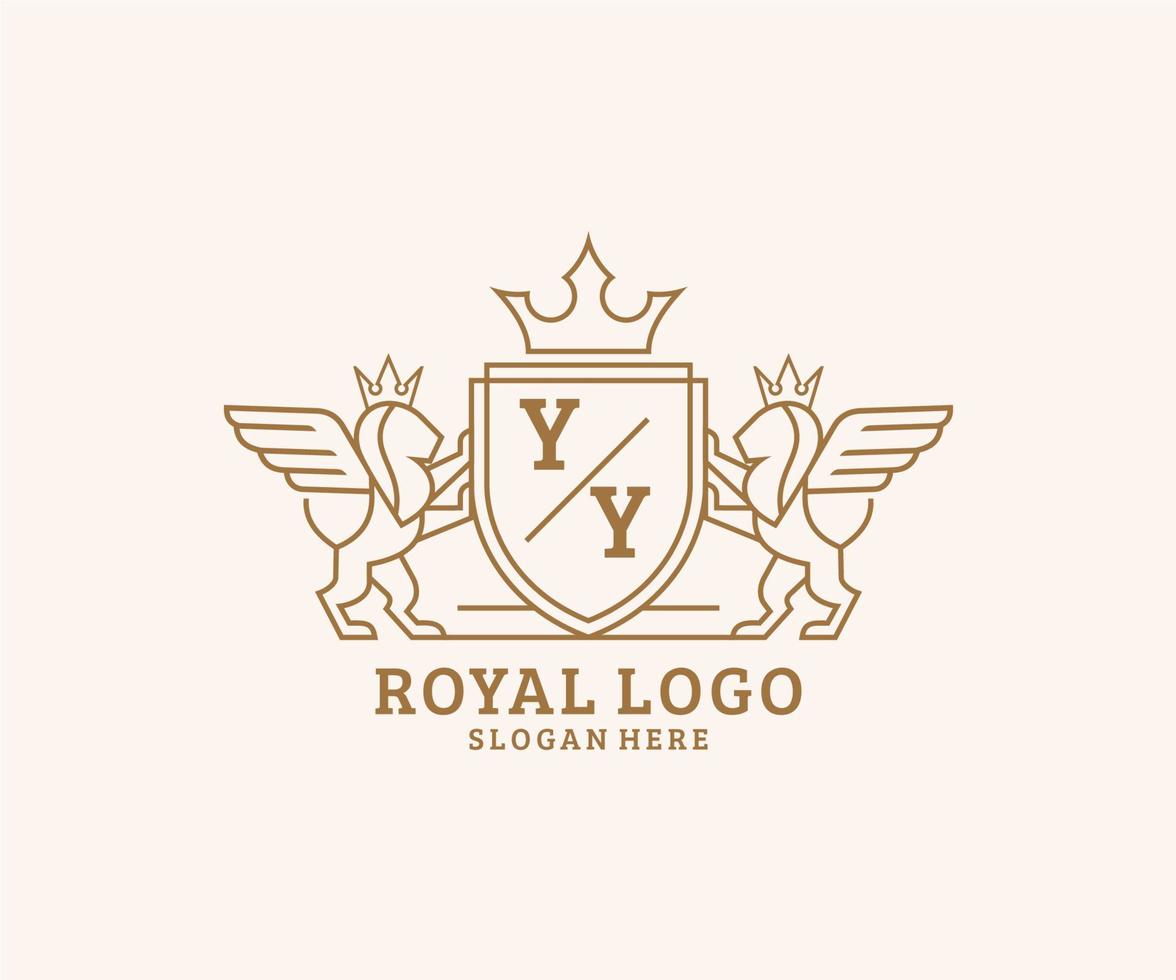 eerste yy brief leeuw Koninklijk luxe heraldisch, wapen logo sjabloon in vector kunst voor restaurant, royalty, boetiek, cafe, hotel, heraldisch, sieraden, mode en andere vector illustratie.