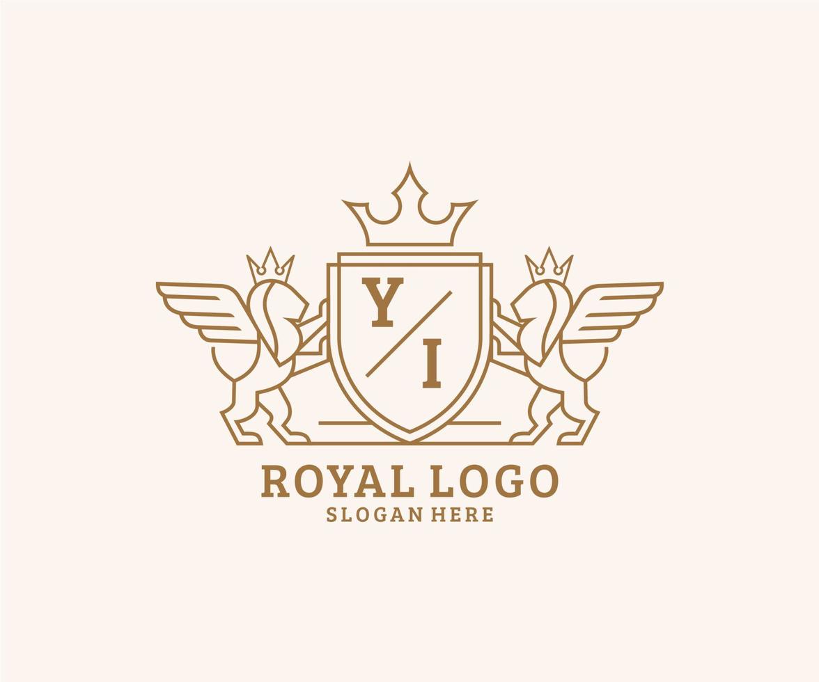 eerste yi brief leeuw Koninklijk luxe heraldisch, wapen logo sjabloon in vector kunst voor restaurant, royalty, boetiek, cafe, hotel, heraldisch, sieraden, mode en andere vector illustratie.