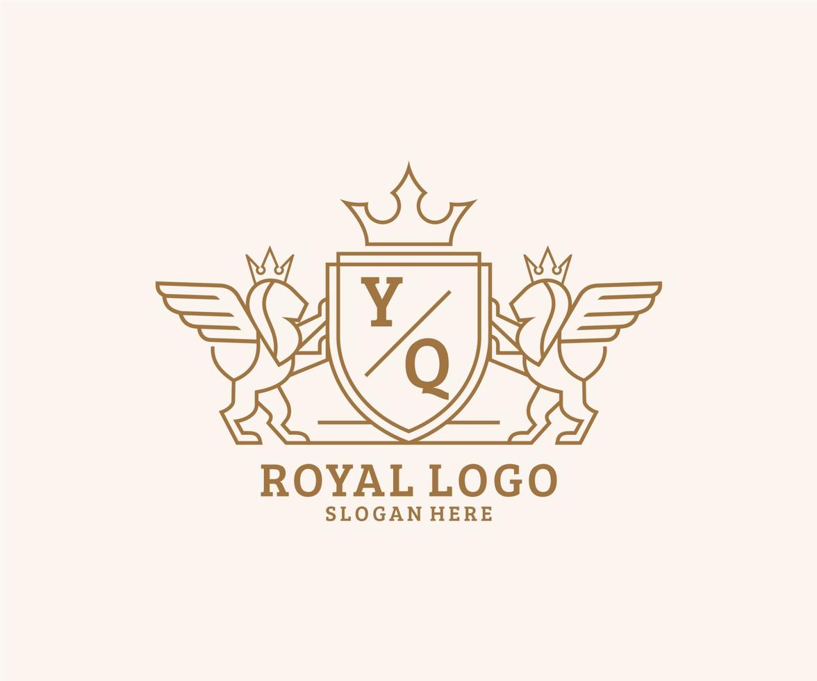 eerste yq brief leeuw Koninklijk luxe heraldisch, wapen logo sjabloon in vector kunst voor restaurant, royalty, boetiek, cafe, hotel, heraldisch, sieraden, mode en andere vector illustratie.