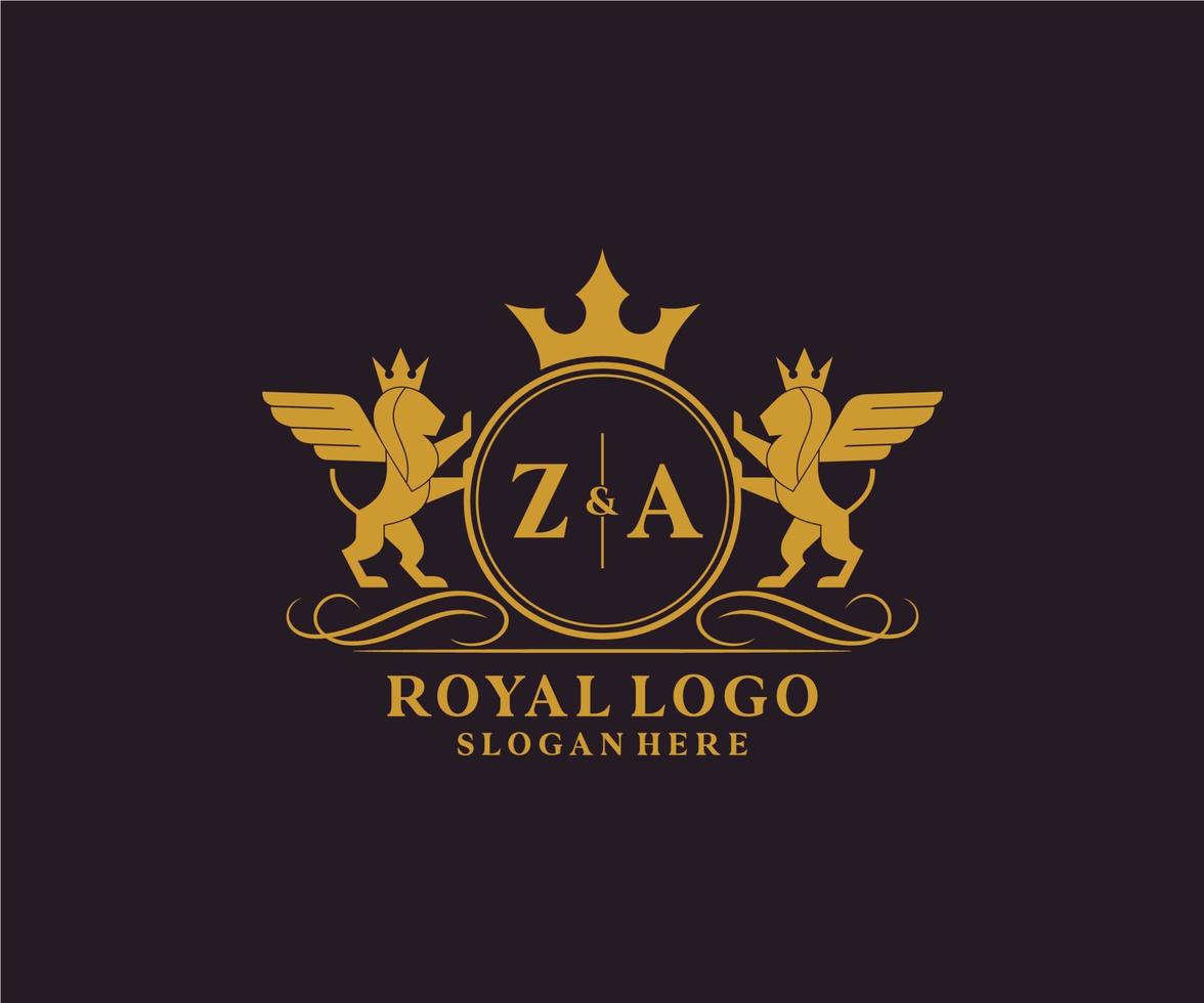 eerste za brief leeuw Koninklijk luxe heraldisch, wapen logo sjabloon in vector kunst voor restaurant, royalty, boetiek, cafe, hotel, heraldisch, sieraden, mode en andere vector illustratie.