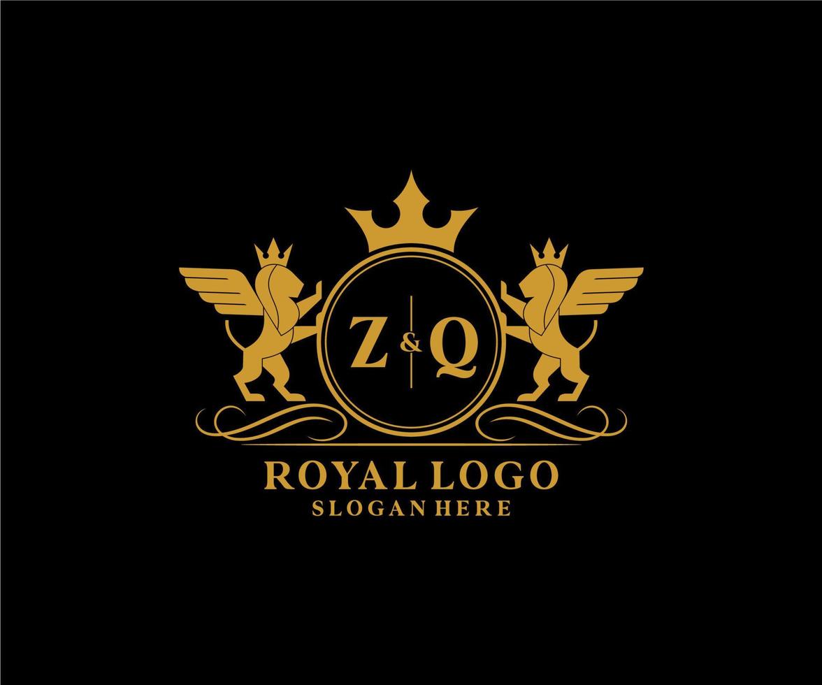 eerste zq brief leeuw Koninklijk luxe heraldisch, wapen logo sjabloon in vector kunst voor restaurant, royalty, boetiek, cafe, hotel, heraldisch, sieraden, mode en andere vector illustratie.